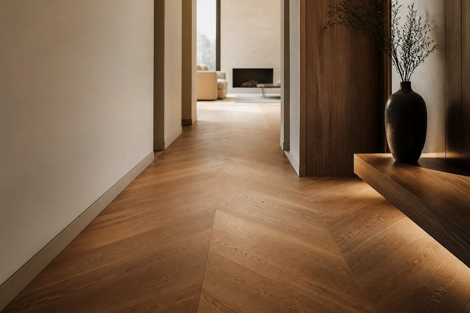 Chevron pattern wood flooring meeting at precise mitred points