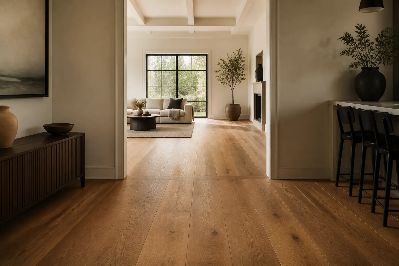 Engineered hardwood flooring detail showing layered plank edge
