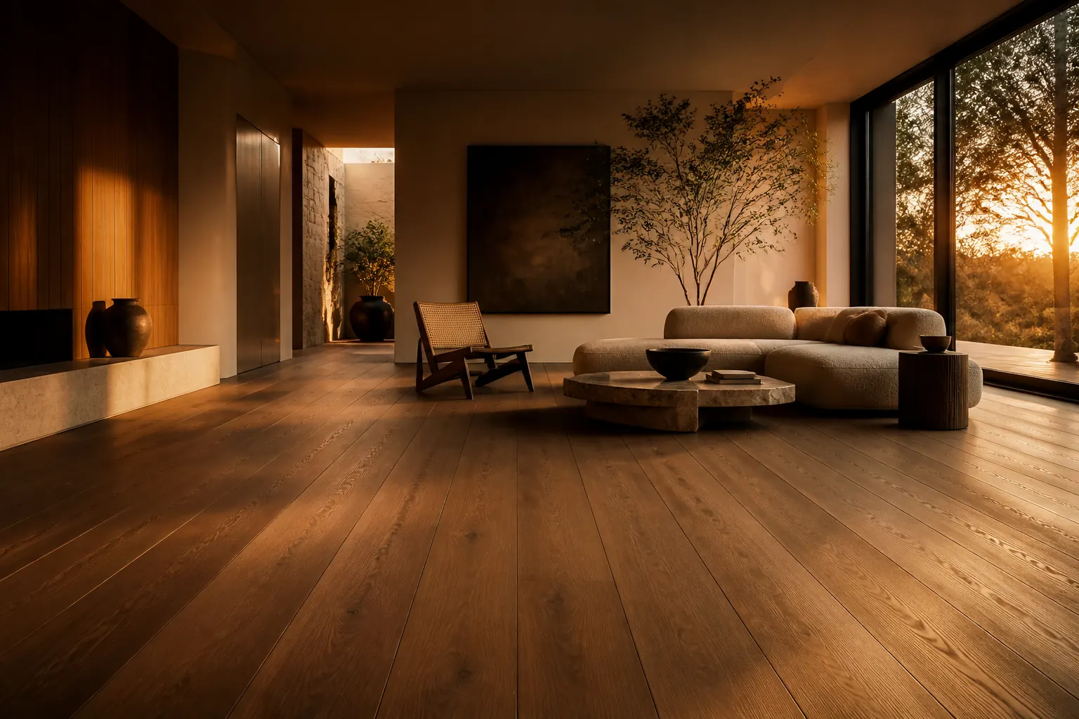 Warmly lit luxury interior with newly installed wide-plank flooring