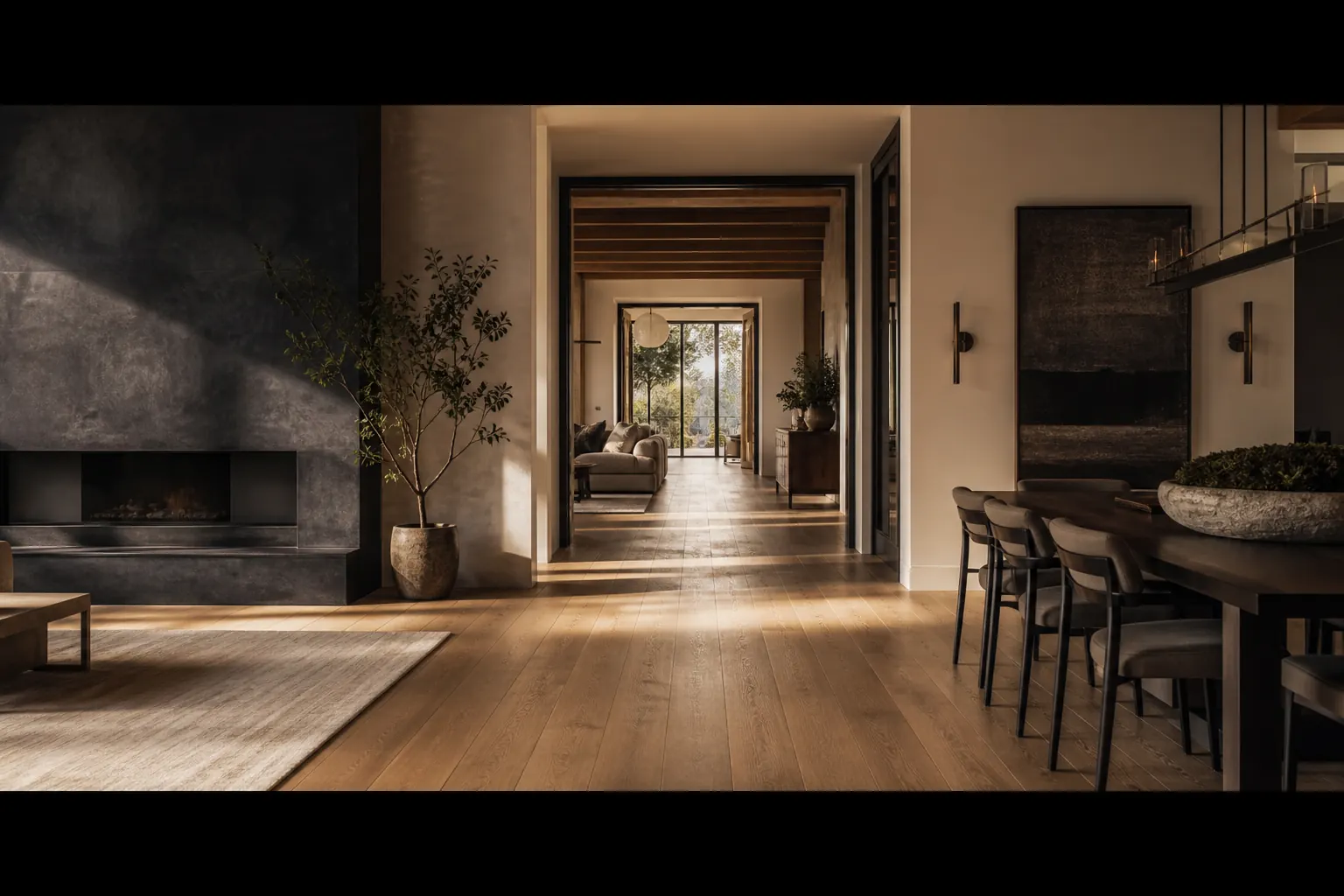 Engineered hardwood flooring flowing between rooms of a contemporary home