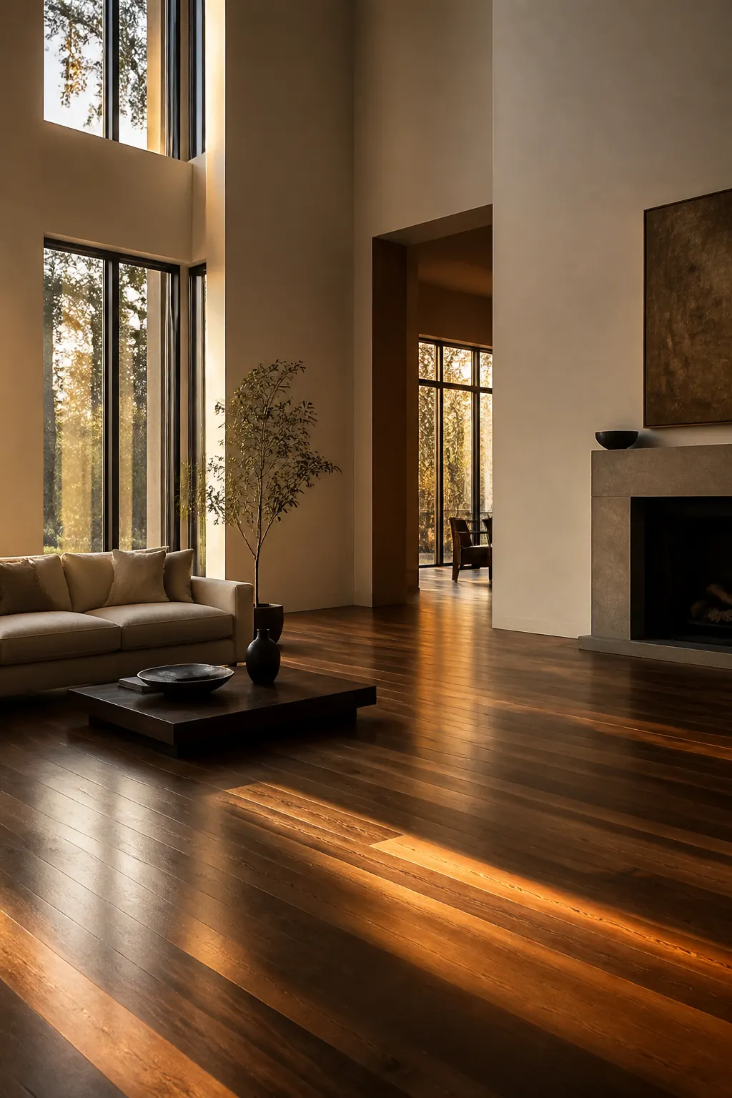 Wide living space finished in warm luxury hardwood with natural light across the boards