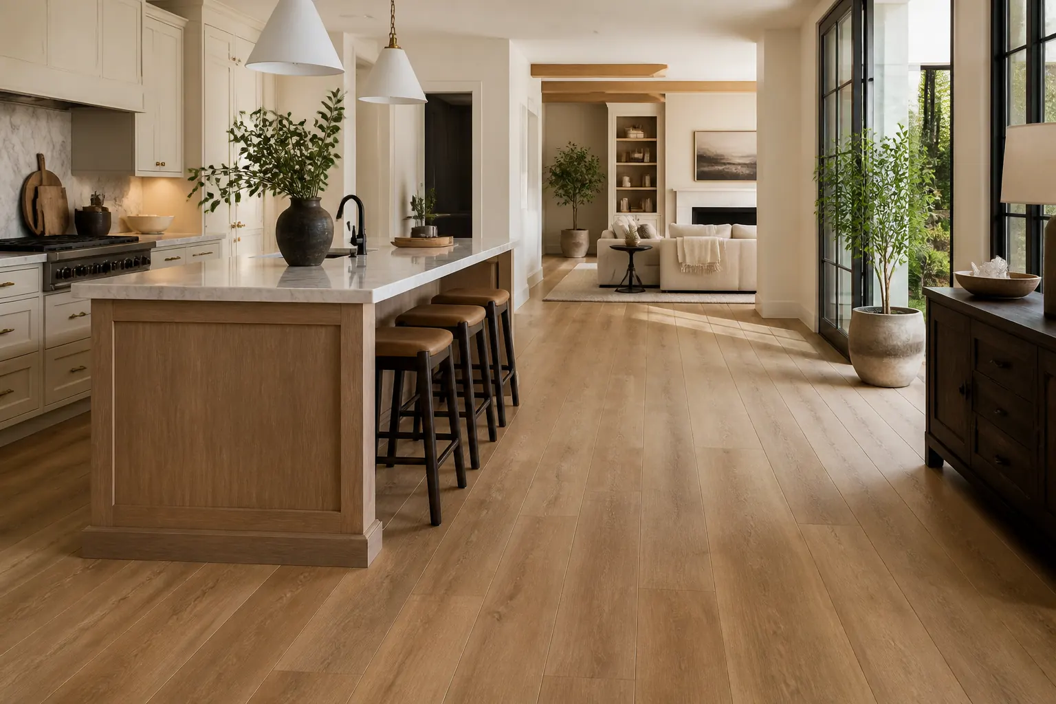 Waterproof luxury vinyl plank flooring running through an open kitchen