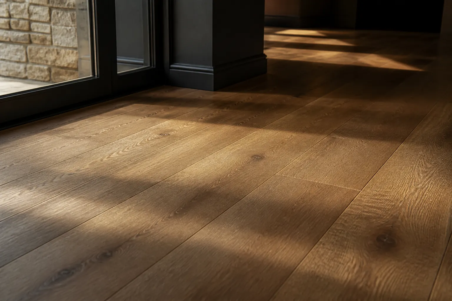 Close-up of warm solid hardwood planks with visible natural grain