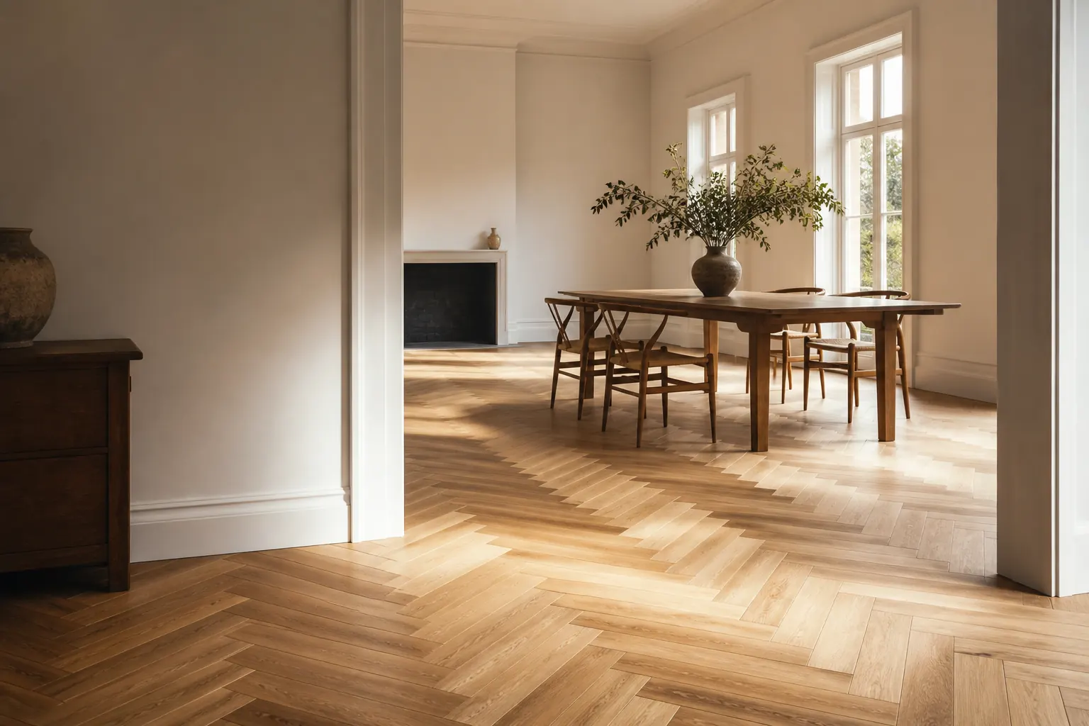 Herringbone hardwood floor stretching across a sunlit open room