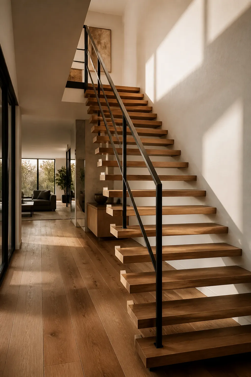 Modern open-riser staircase with hardwood treads and a clean handrail line