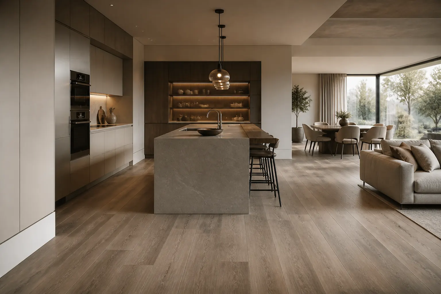Modern open-plan interior finished with luxury vinyl plank flooring