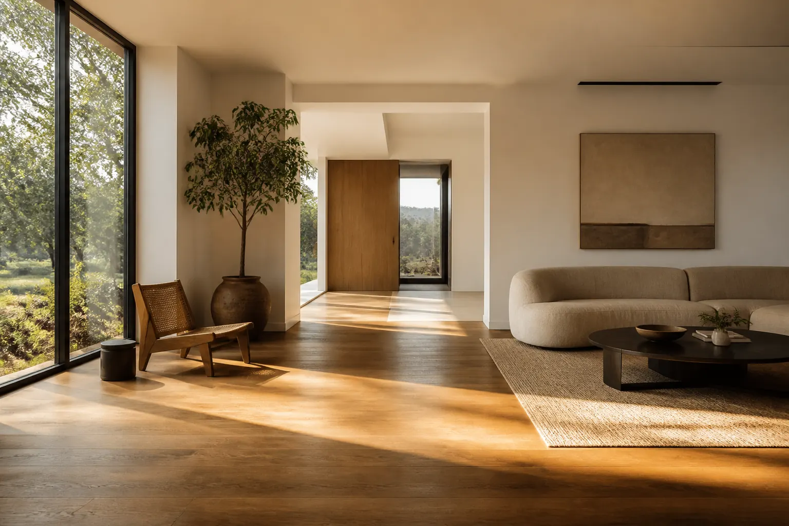 Sunlit modern living room with wide-plank hardwood flooring